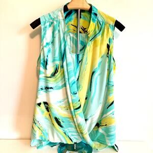 Alfani Womens Size 10 Sleeveless Blouse Top Aqua and Yellow Abstract Boho Fairy